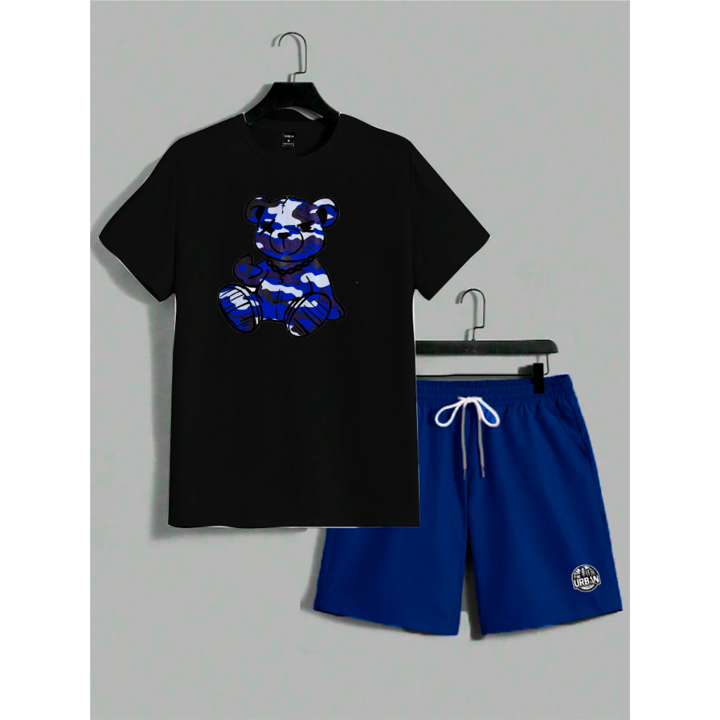 kit conjunto camiseta 30.1 algodão bermuda tactel Elastano Estampado Urso Camuflado Azul New