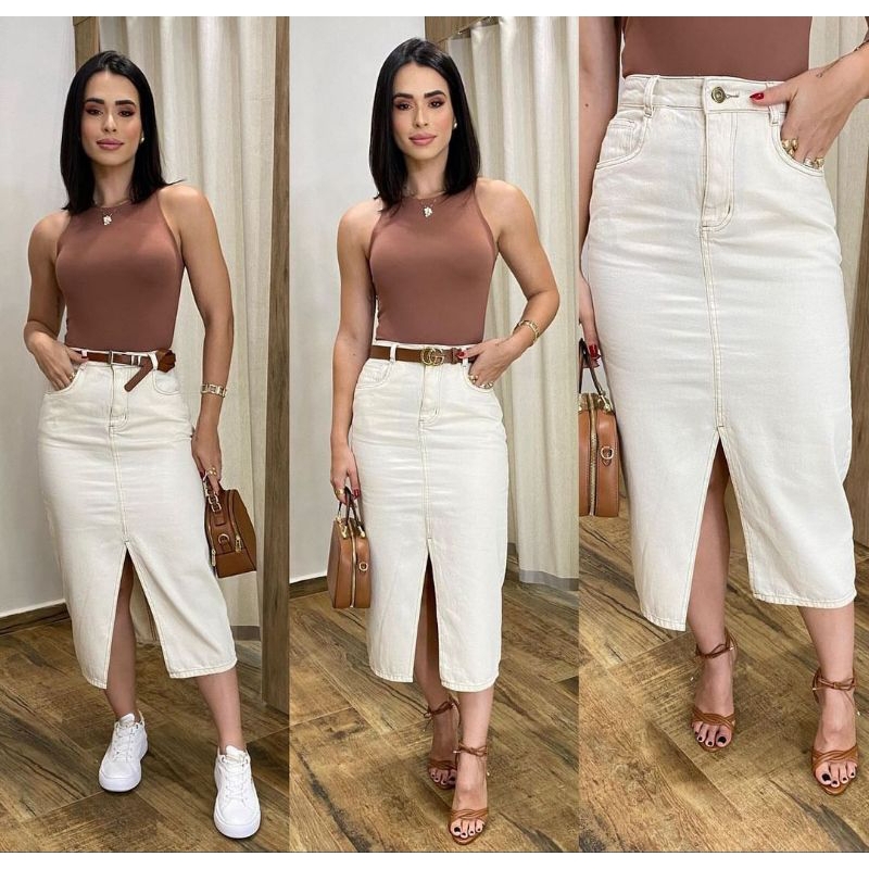 Saía Midi jeans NME,saia jeans,  Nude, bege , saia com fenda