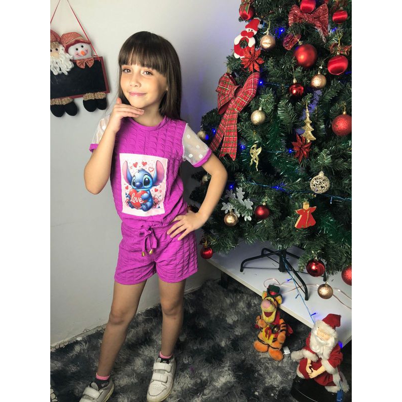 Conjunto Infantil Feminino Verão | Blusa Estampa Stitch + Shorts Texturizado | Roupas Menina 4 a 12 anos