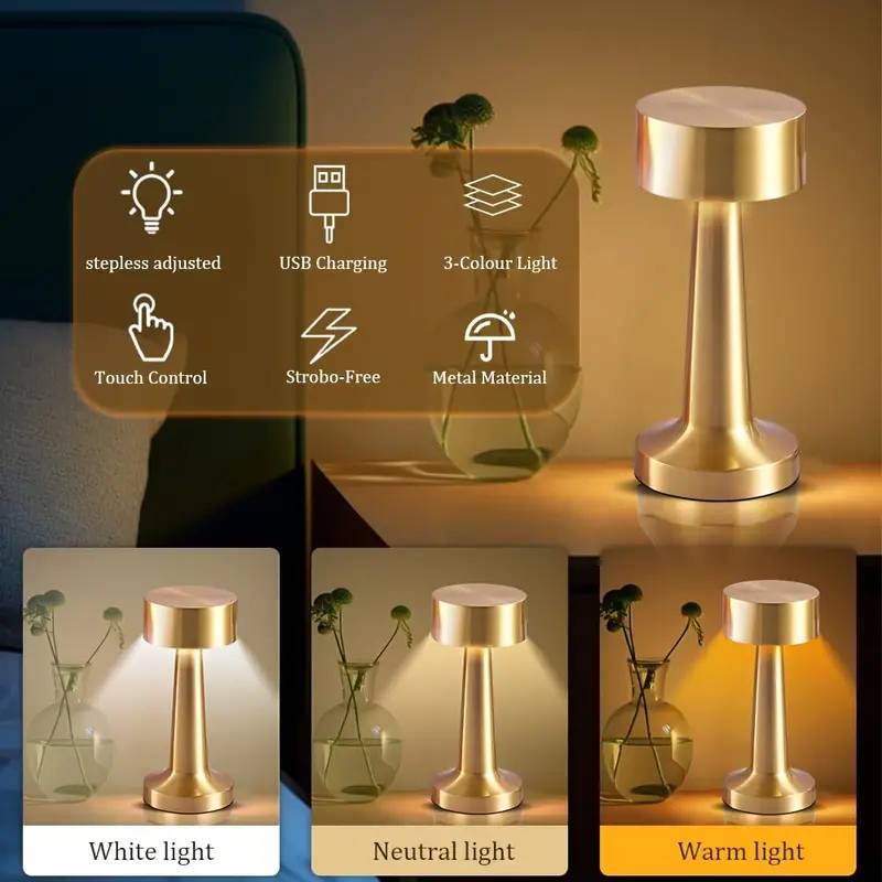 Iluminária de mesa metal dourado Candeeiro Abajur Touch Recarregável Sem Fio Led