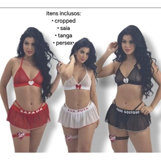 Fantasia sex shop conjunto lingerie tule acompanha tanga Letras sexy feminina roupa Hotwife Cuckhold em Oferta na Shopee