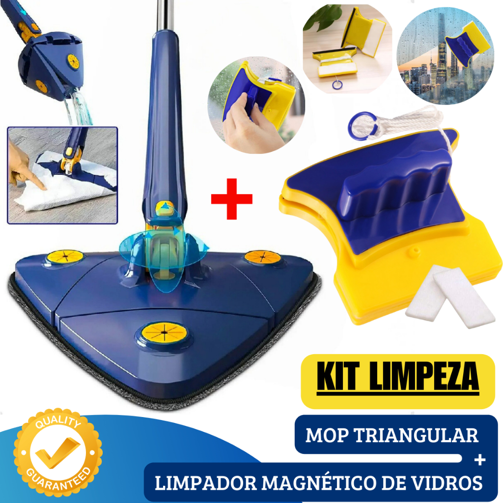 Esfregão Limpeza MOP Triangular Giratório Chão Teto Banheiro + Limpador de Vidros Janelas Magnético