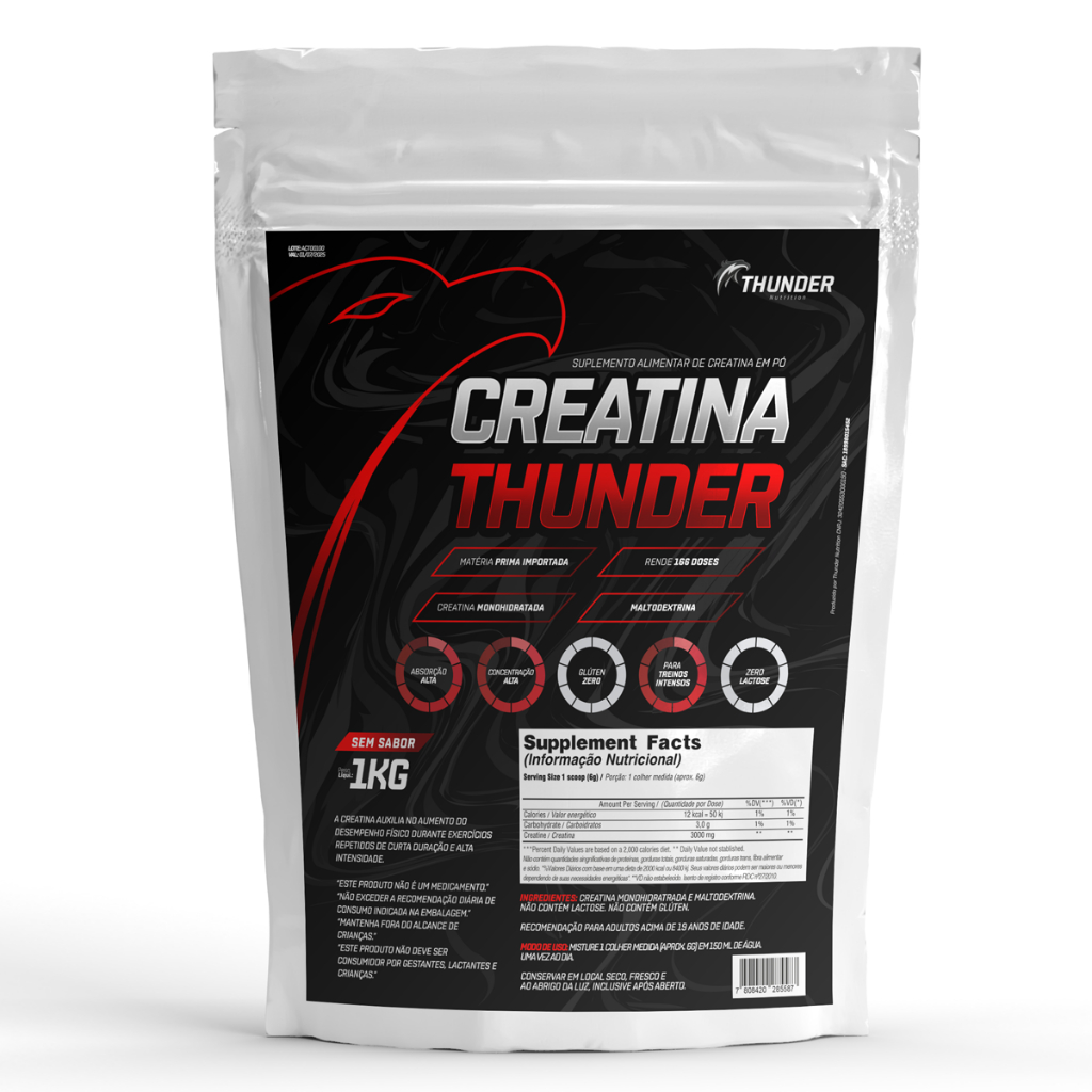Creatina Refil 1kg Thunder - Creatine Monohidratada com Maltodextrina - Rende 166 doses