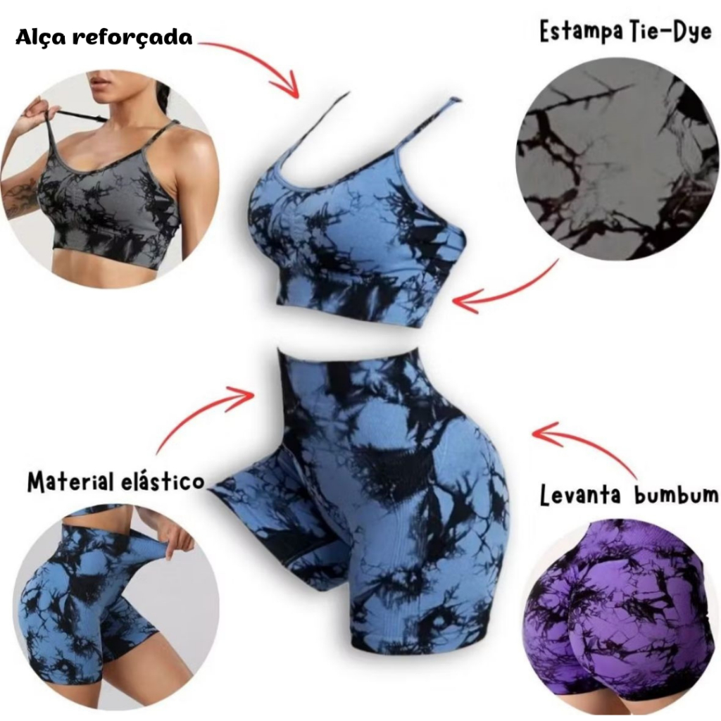 Conjunto Esportivo Academia Top e Shorts Tie Dye Zero Transparencia Cintura Alta