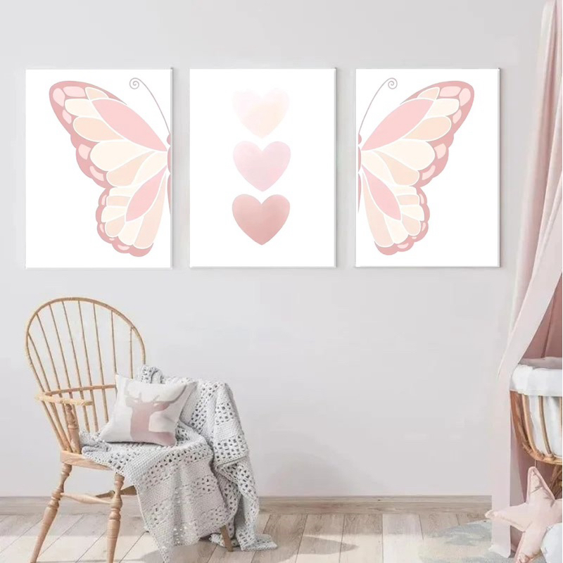 Quadros Decorativos 3 Peças 40x60 Asas Borboletas Corações