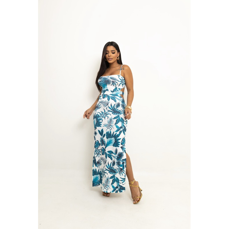REF 22 - Vestido Alcinha Floral Longo Verão Moderno Canelado Fenda Lateral feminino listrado bicolor alça canelado