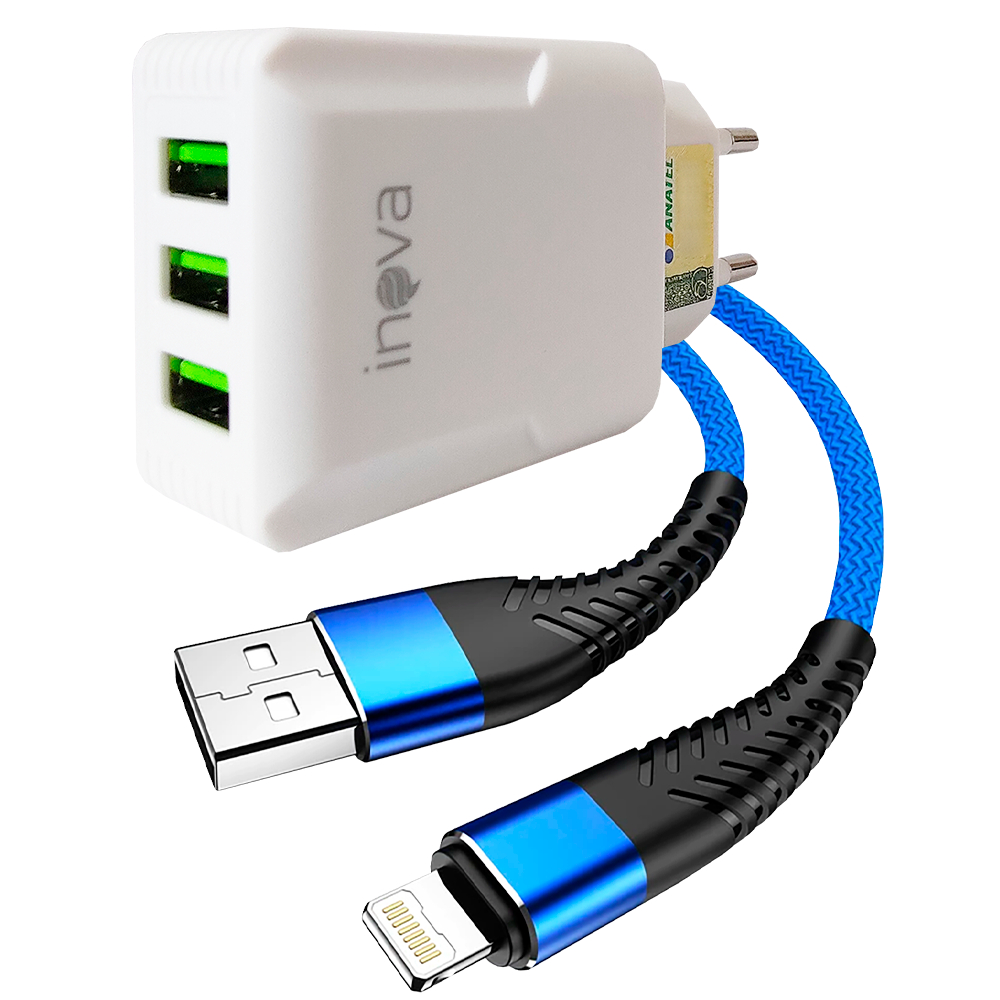 Kit Carregador Celular Fonte USB 3 Entradas Com Cabo Carregador 2 Metros iPhone Android V8 Tipo C - Mobile & Gadgets