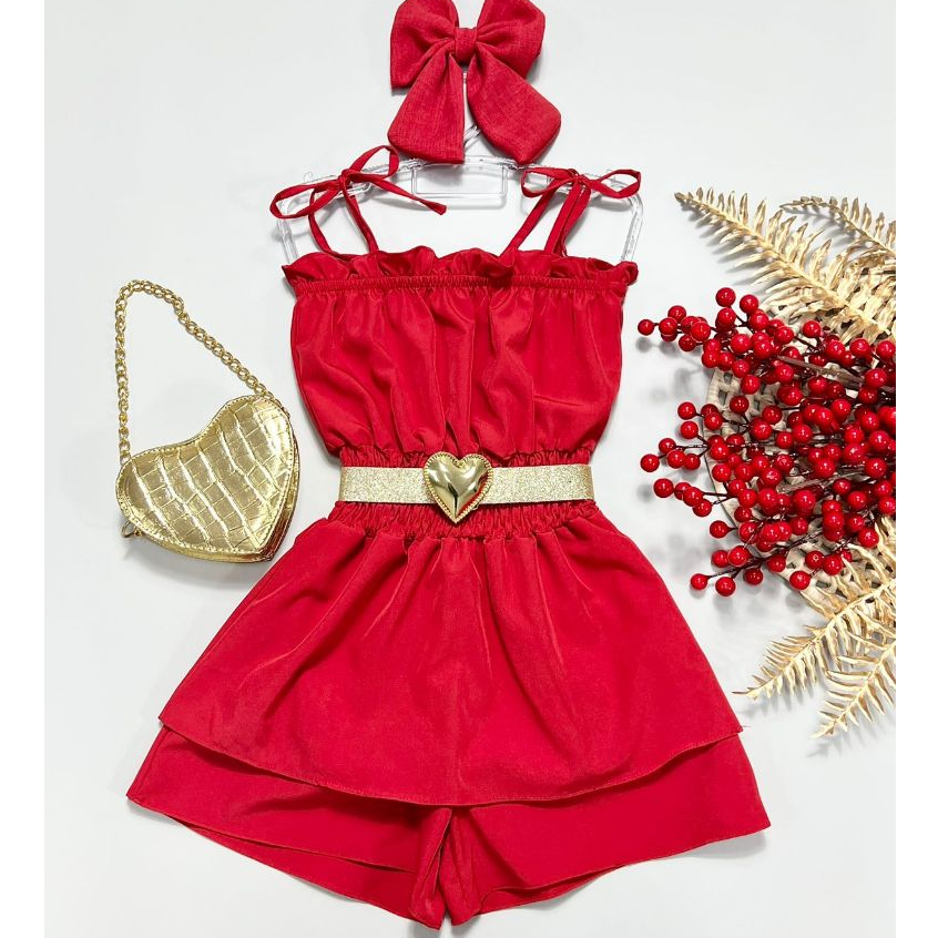 Macaquinho Infantil Com Cinto Natal Moda Verão Menina Mini Diva Blogueirinha