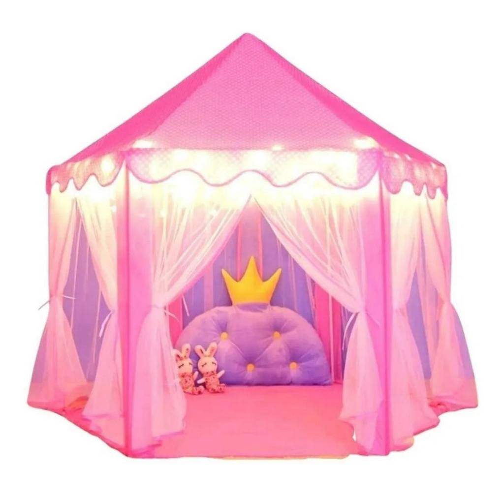 Tenda Castelo Infantil Barraca Acampamento Meninas Rosa Cordão De Luz Led Formato Estrela
