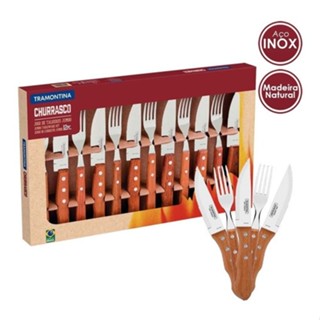 Faqueiro Jogo De Talheres Inox Tramontina Jumbo para Churrasco Madeira 12 Peças Garfo Faca