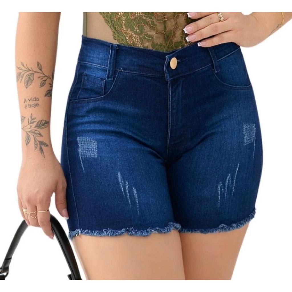 Short Jeans Feminino Cintura Alta com Lycra Barra Desfiada