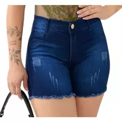 Short Jeans Feminino Cintura Alta com Lycra Barra Desfiada