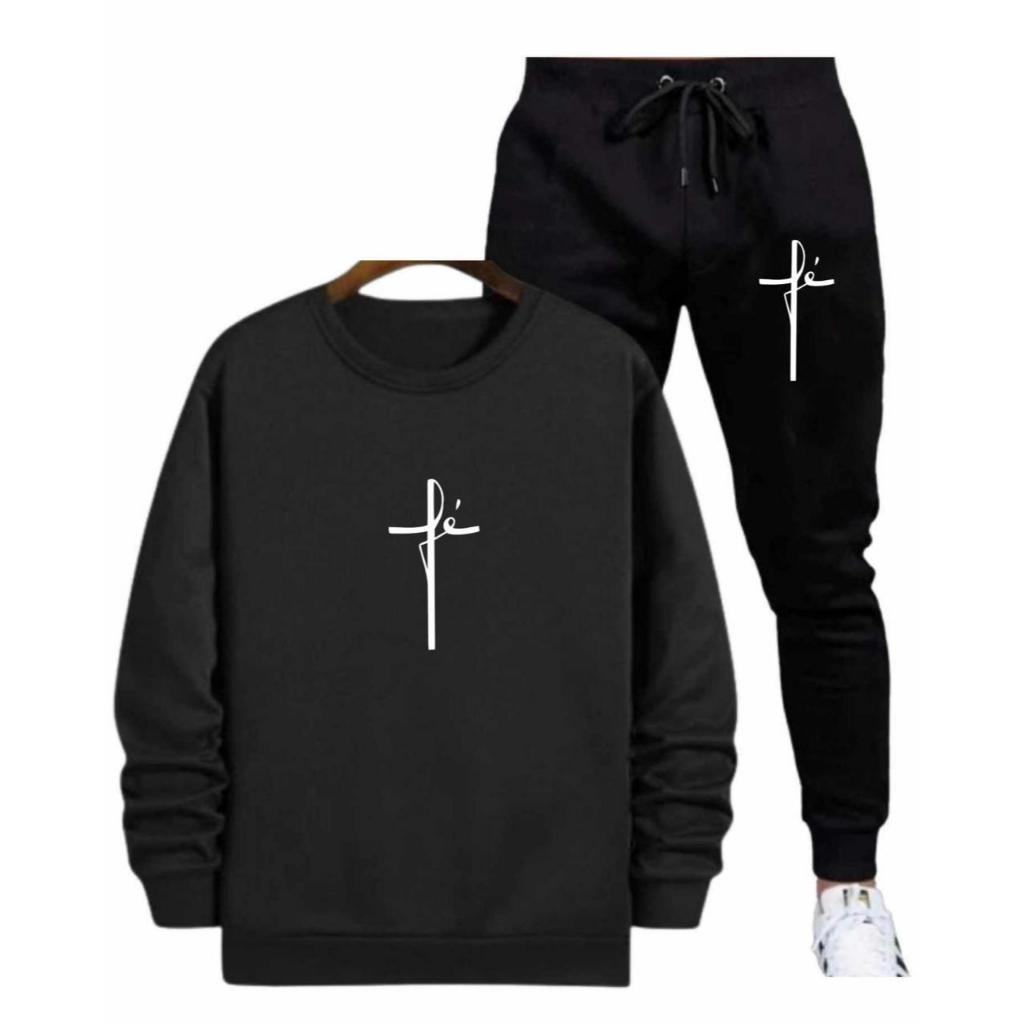 Conjunto Moletinho Confortável Academia Careca Liso Blusa Calça Unissex Fé Religião