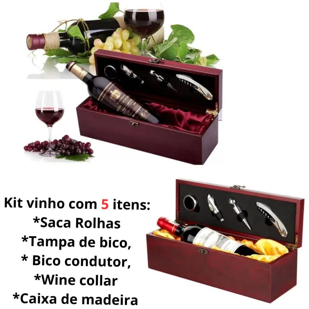 Kit Vinho Luxo 4 Peças Com Estojo e Porta Vinho de Madeira(Avarias) Para Presente, Brinde, Lembrança