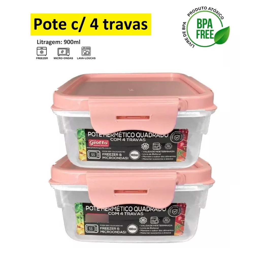 Kit 2 Potes Quadrados C/ 4 Travas E Tampa 900ml Hermético