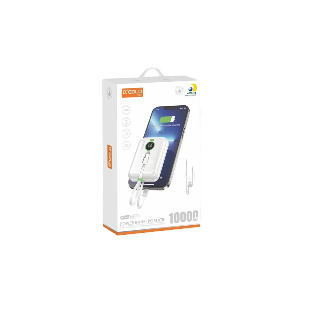 Mini Carregador Portatil 10000mAh 3.1A Tipo-C Lightning - A'Gold