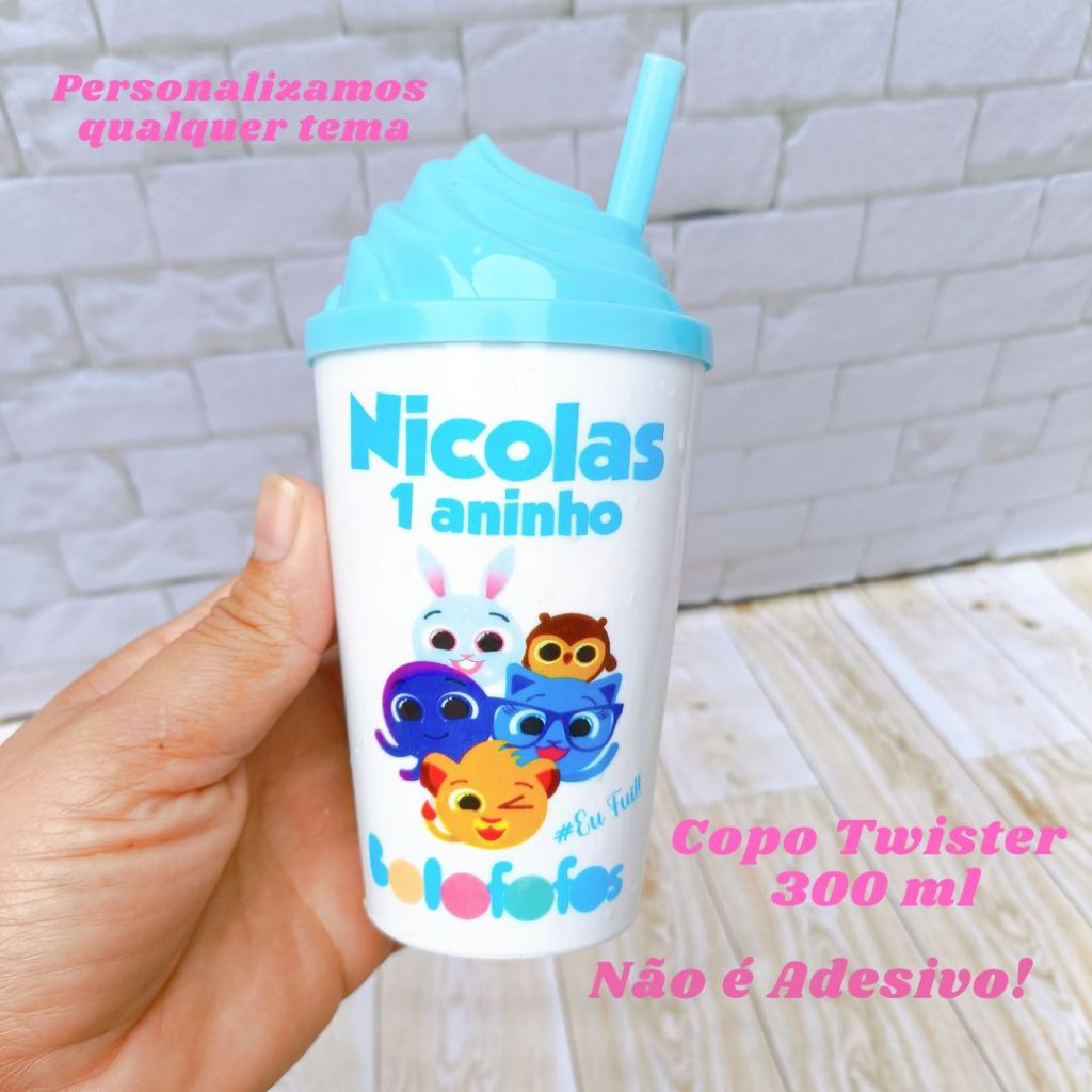 Kit Copo Twister Personalizado Bolofofo - lembrancinhas para Festa de Aniversário Infantil