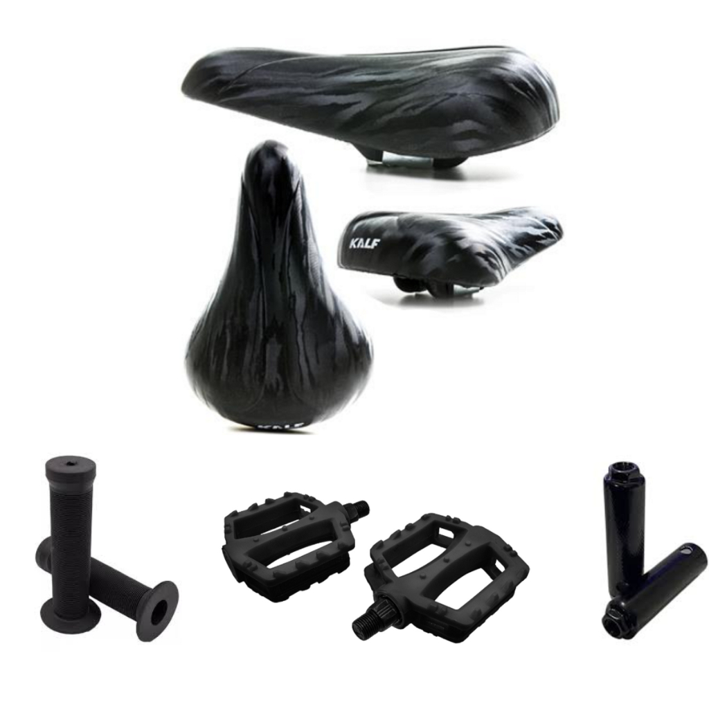 KIT BIKE BMX SELIM KALF COM CARRINHO + MANOPLA BORRACHA BMX+PEDAL ROSCA FINA PACO+ APOIO TROLHINHA AÇO PRETO