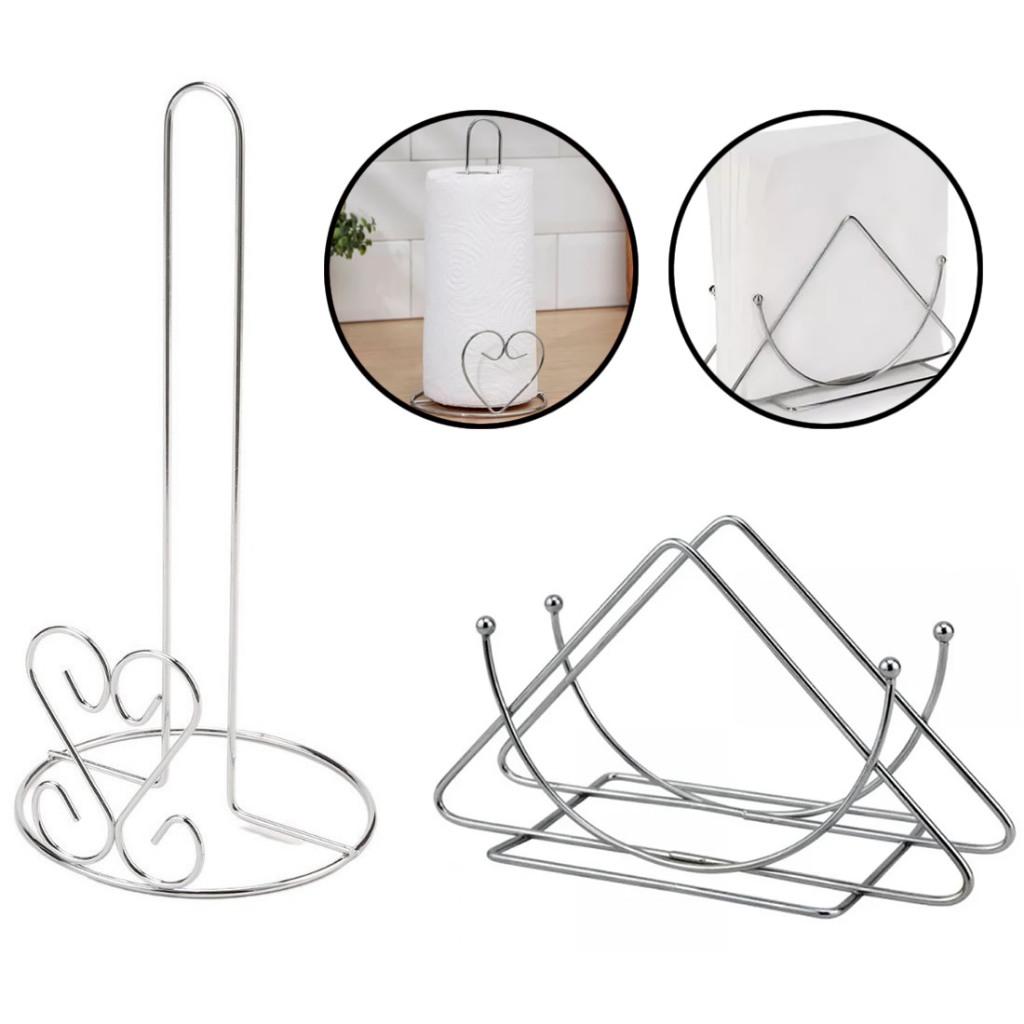 Kit Porta Papel Toalha + Porta Guardanapo Para Mesa Inox Aramado