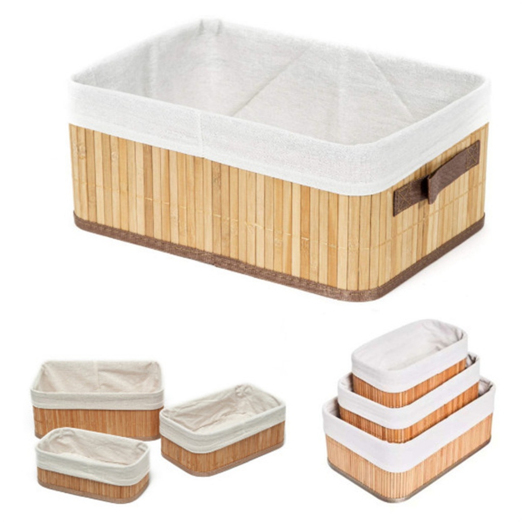 Kit 3 Cestos Organizadores de Bambu Multiuso com Forro