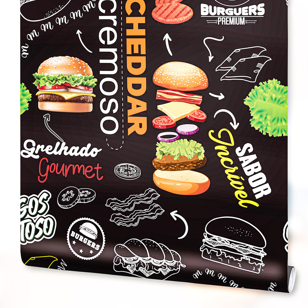 Papel de Parede Adesivo Decoração Cozinha Gourmet Hambúrguer Lanchonete Fast Food Lanche Horizontal