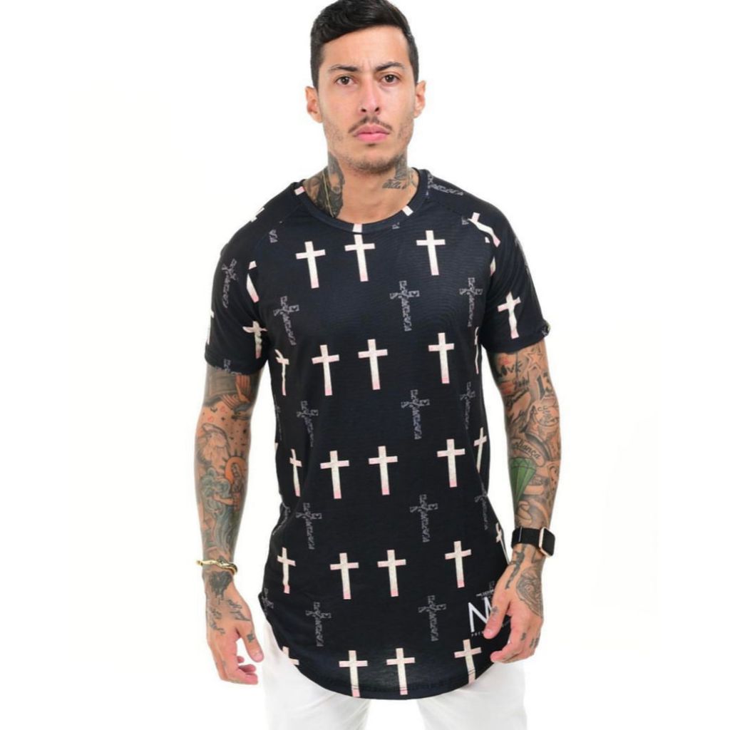 Camiseta Longline Masculina Cruzes Premium Streetwear Oversized Preta