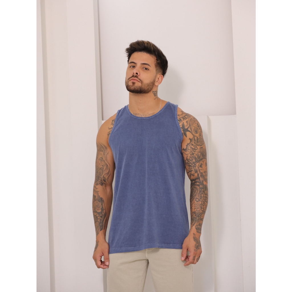 Regata cavada normal liso masculino verão com costura malha lavada