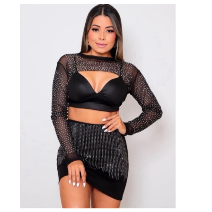 Blusinha Bolero Manga Longa Tule Transparente Pedraria Strass Preto Balada Festival