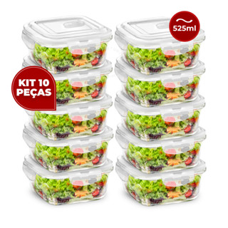 Kit 10 Potes Vidro Herméticos 525ml Quadrado Marmita Fitness Premium