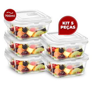 Kit 5 Potes Vidro Herméticos 700ml Quadrado 4 Travas Premium em Oferta na Shopee