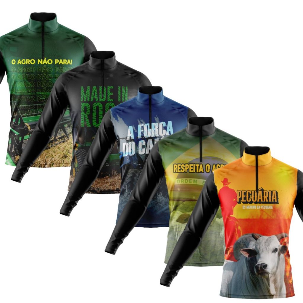 Kit 5 Camisas Camiseta Agro Masculina Térmica Proteção UV Blusa Manga Longa Trator Roça Fazenda