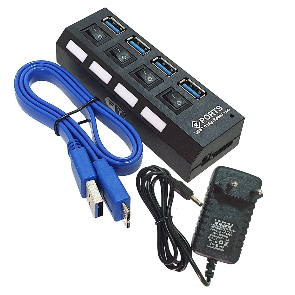 Hub Usb 4portas 3.0 Hi-speed C/fonte de reforço 5 Gbps para periféricos