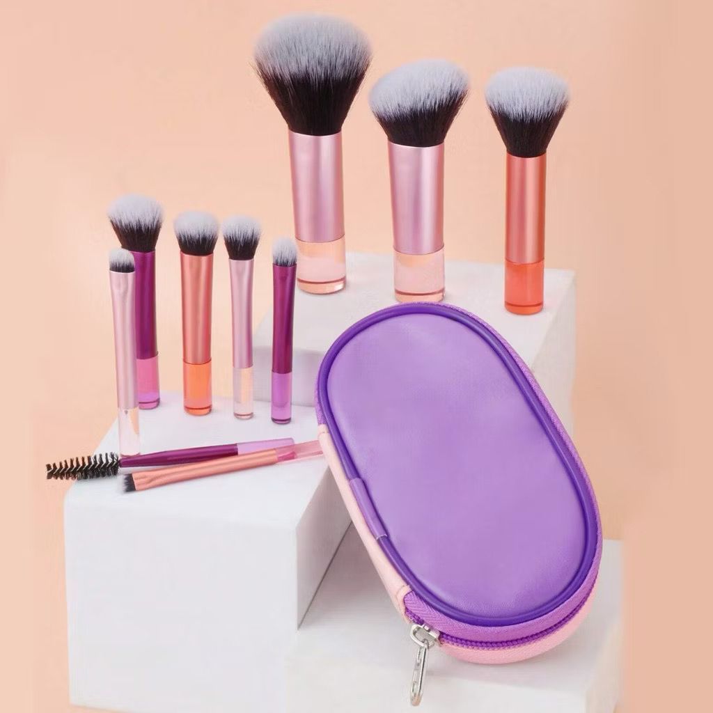 Conjunto de 10 pincéis de maquiagem portáteis multicoloridos com bolsa de armazenamento, incluindo pincel para blush