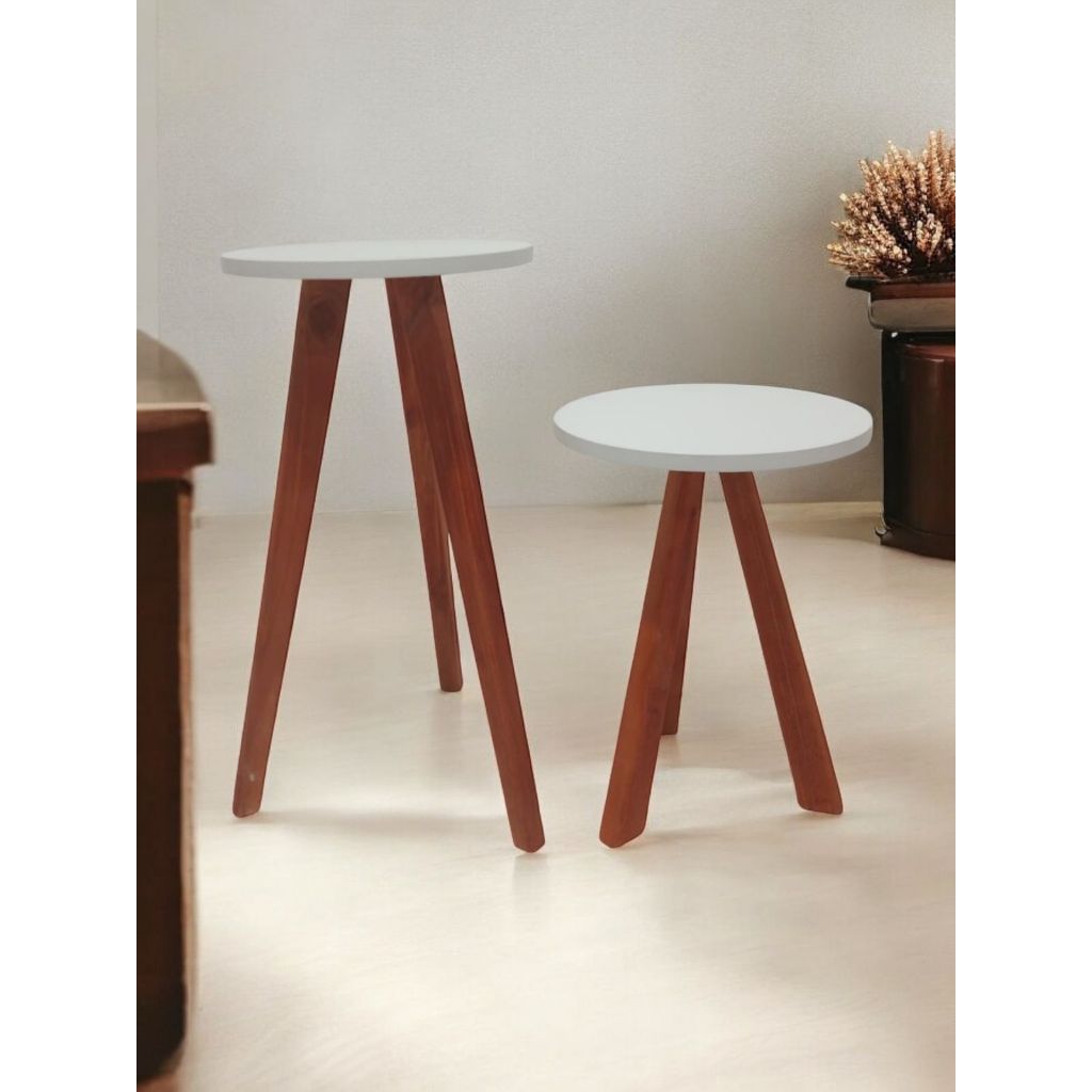 Conjunto de Mesinha Lateral Redonda - Sala Pe Madeira Retro Sala Quarto