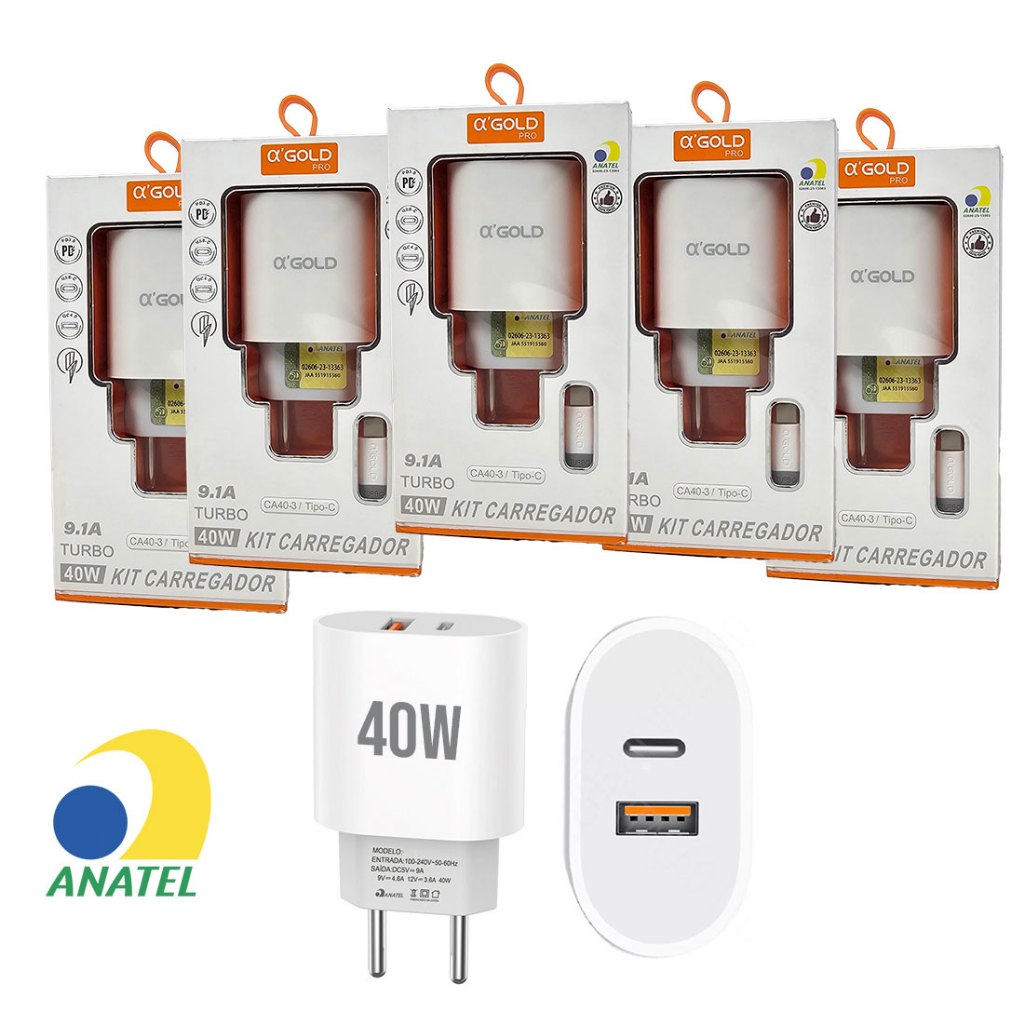 Kit Carregador de Celular Dual PD Turbo 40W com cabo Tipo C