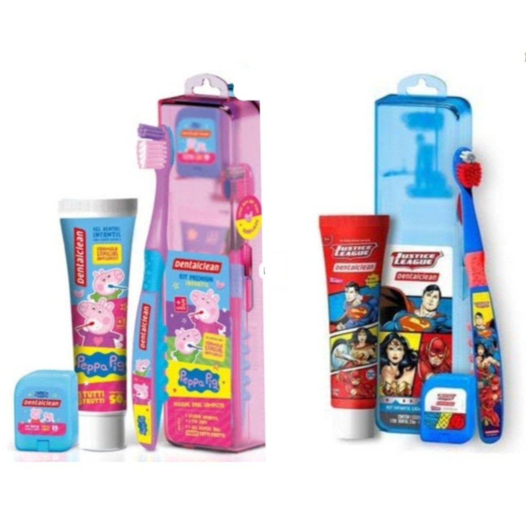 2 Kits Infantil Escova de dentes + Fio dental + Gel dental Peppa Pig e Liga da Justiça