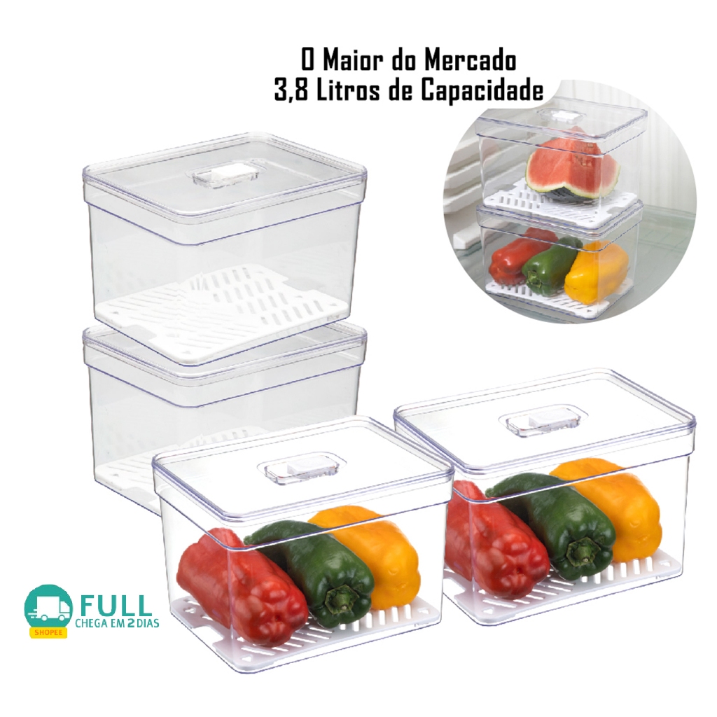Kit 4 Organizador de Geladeira 3,8 Litros Bandeja Drenagem c/ Tampa Para Alimentos Verdura...