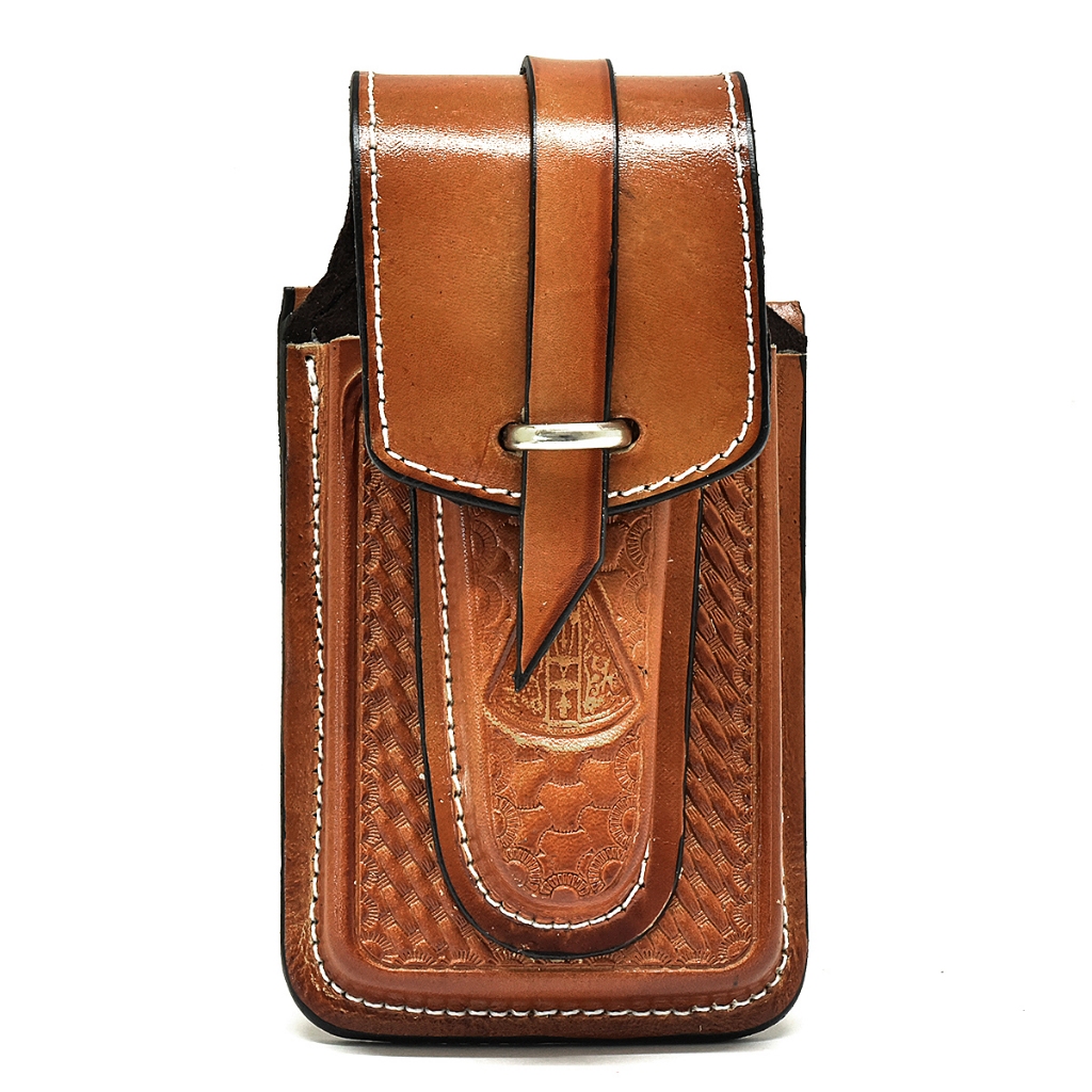 Bainha Rústica Dupla Porta Celular Canivete Em Couro