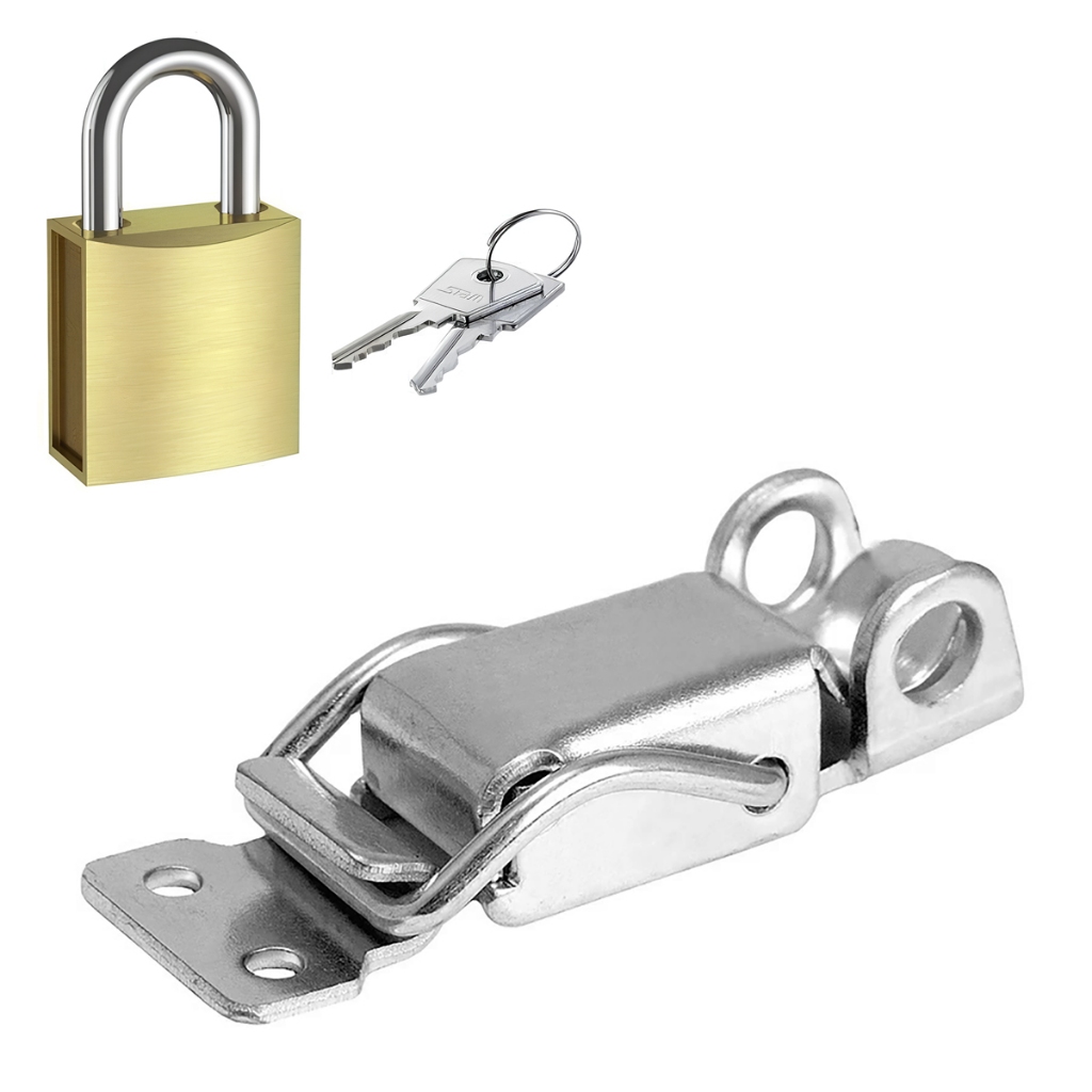 Kit Cadeado + Fecho Engate Rápido Pressão Baú 7cm Fa3 Inox Promo