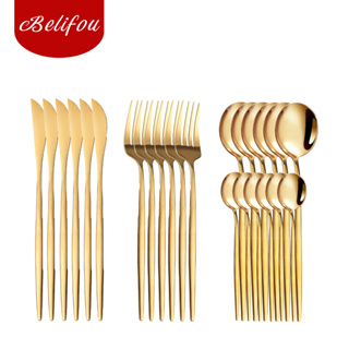Belifou Kit 24 Jogo De Talheres Inoxidável 416 Suprimentos Cozinha Talheres Dourados Talheres em Oferta na Shopee