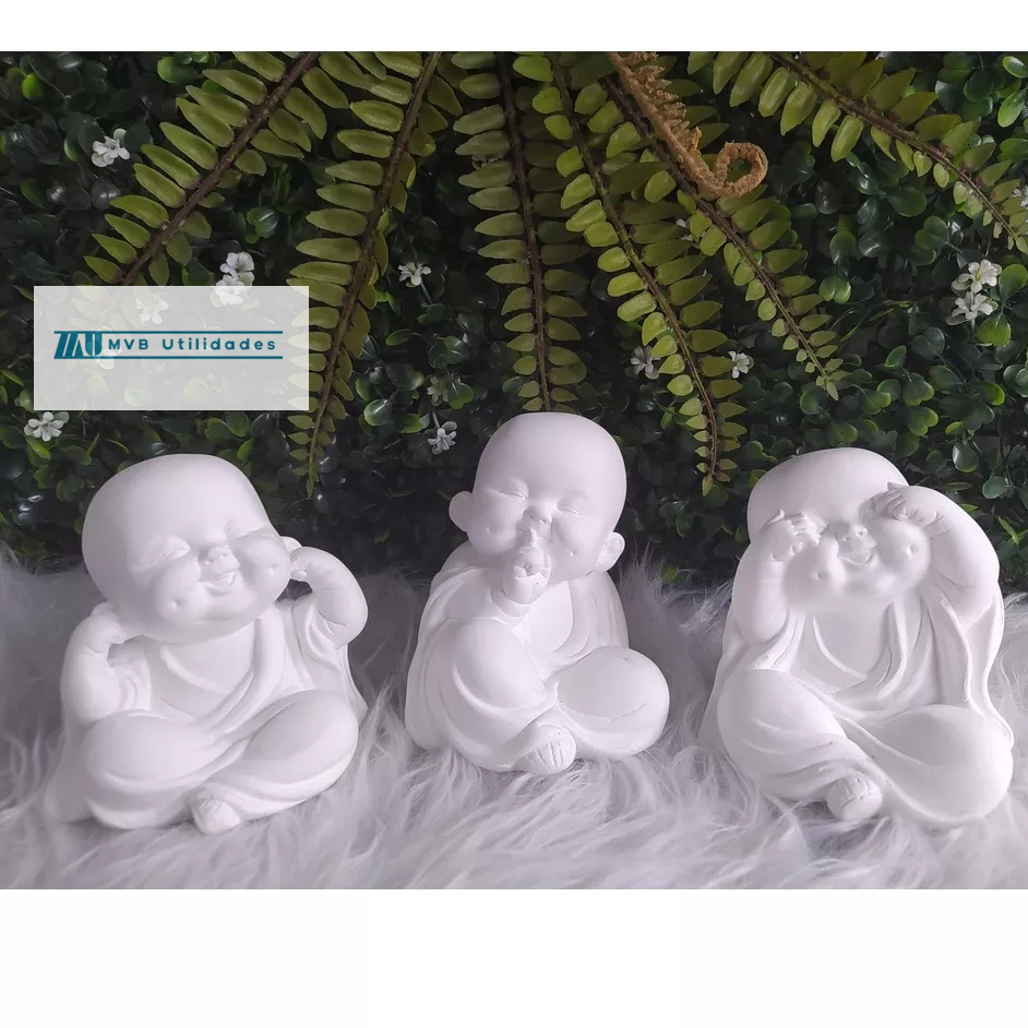 Estatueta Trio de Budas Monge Bebê Cego Surdo Mudo Escultura Gesso Para Pintar Decoração Zen