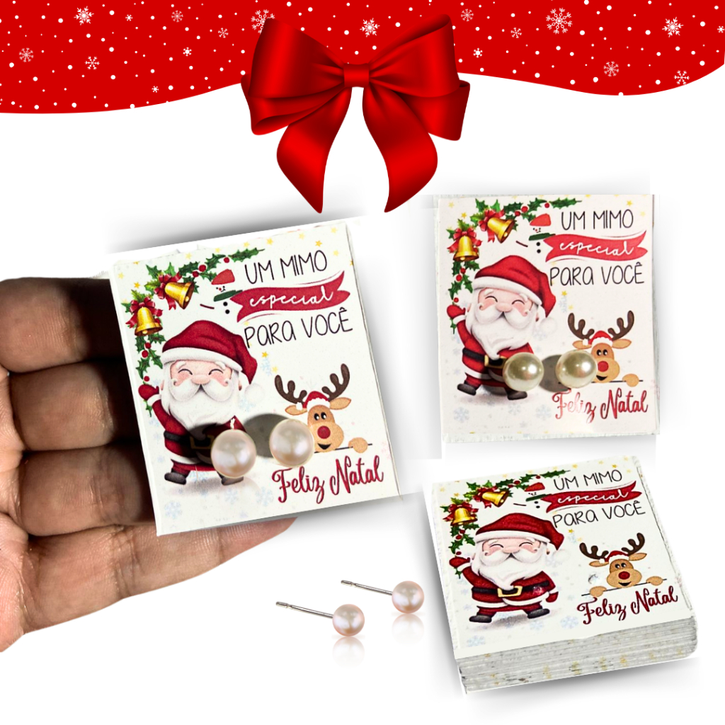 50 pares de brinco pérola + tag natal mimo/lembrancinha/cliente