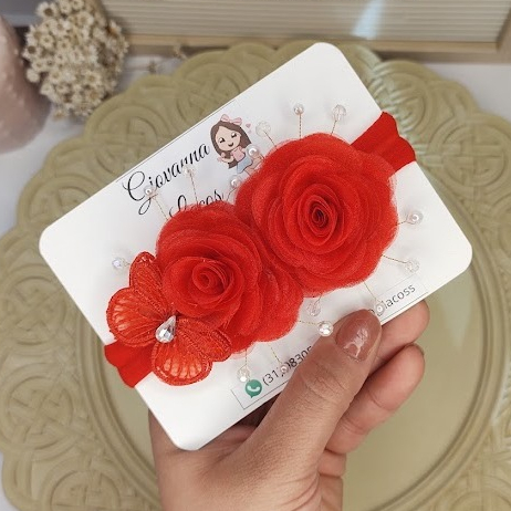 Tiara de Luxo Floral com Borboleta/ Faixinha de Luxo Infantil/ Headband de Luxo para Batizado / Laço para Casamento