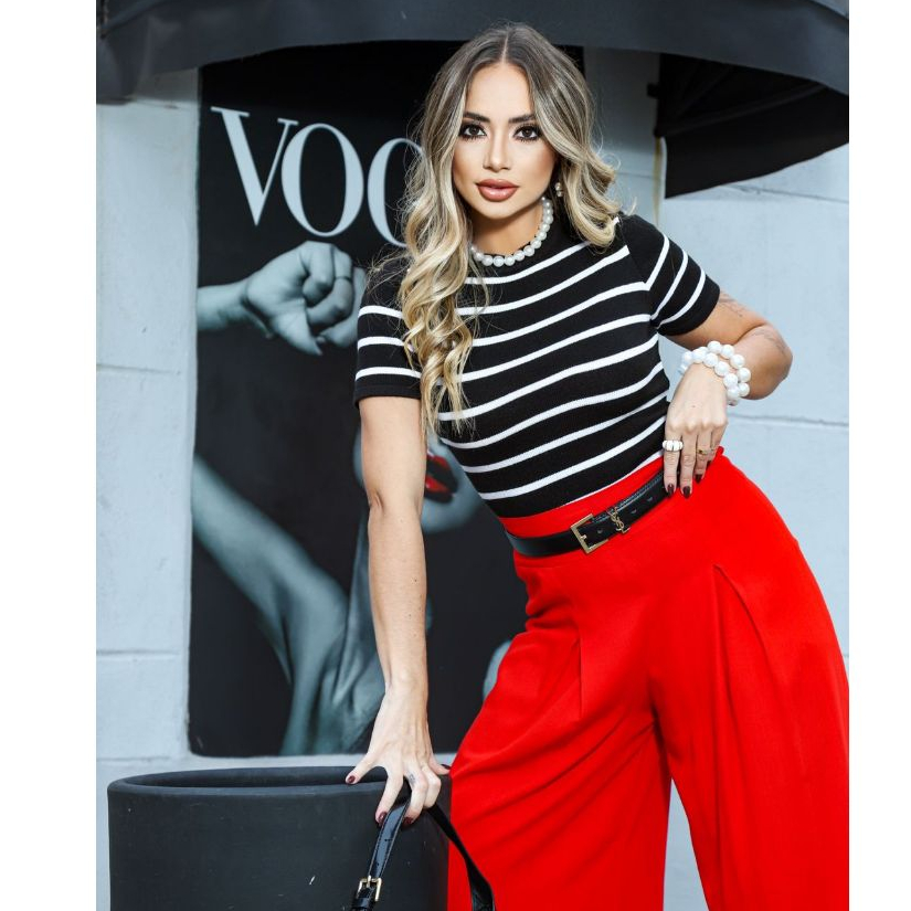 Blusa Feminina Basica Listrada No Tricot Modal Verao Com Manguinha Curta