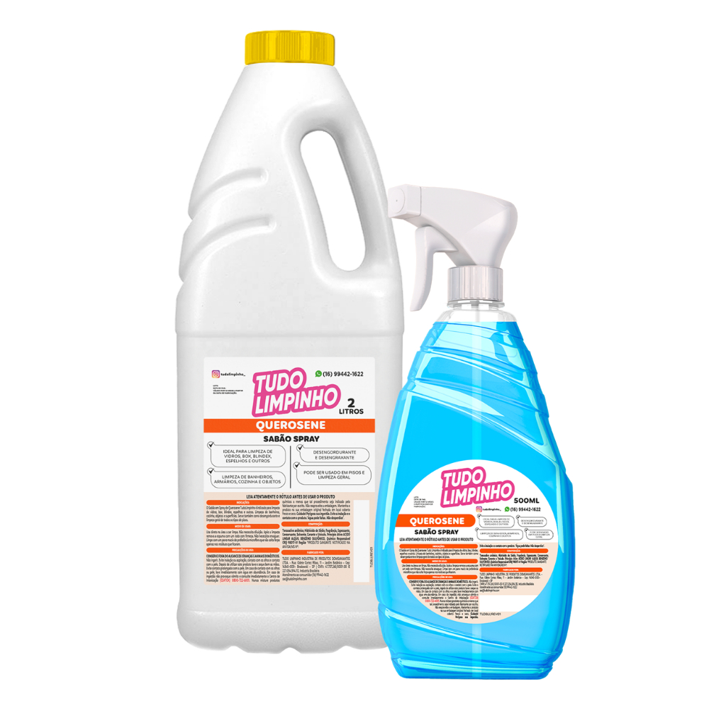 COMBO SABÃO SPRAY DE QUEROSENE 2L + 500ML C/ VÁLVULA TUDO LIMPINHO