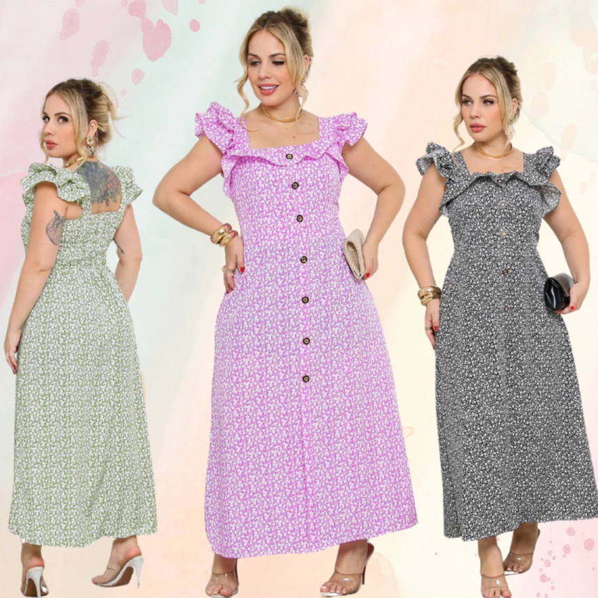 Vestido Longo Florido Babado Manga Botao Frontal Alça Dupla