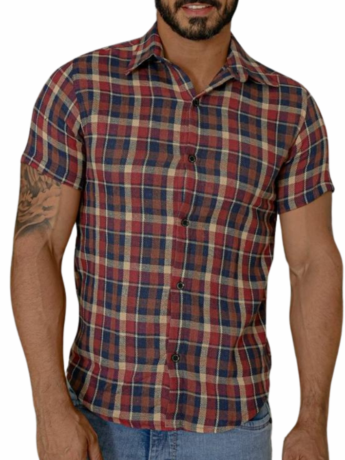Camisa Xadrez Masculina Manga Curta Flanelada Slim Premium