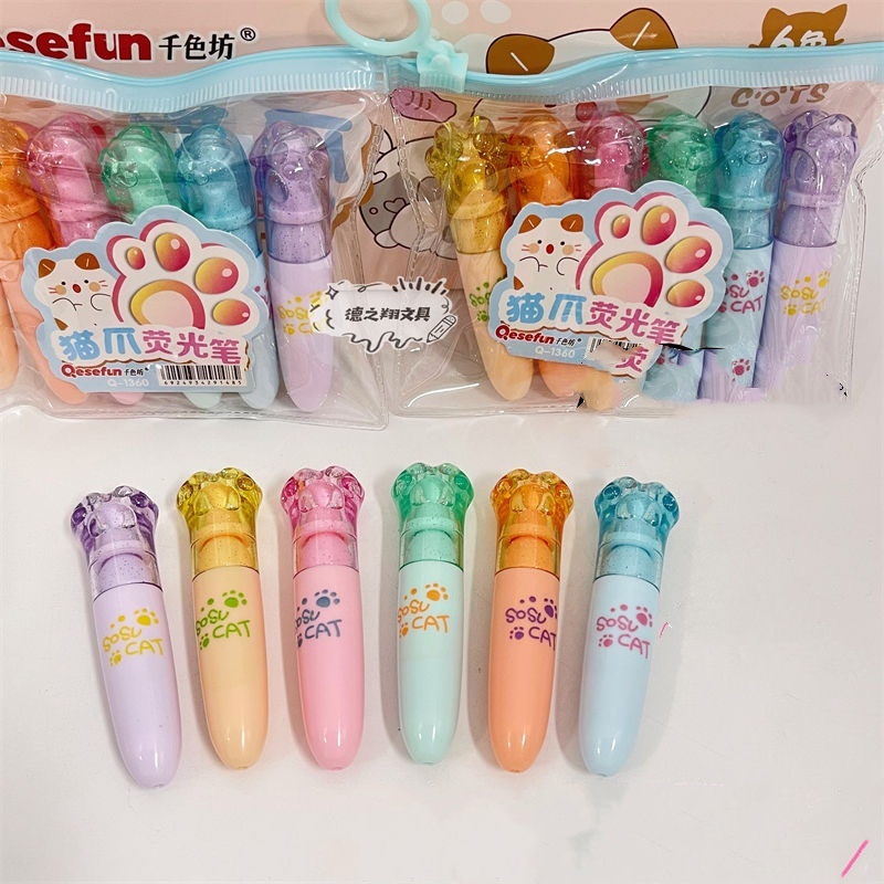 6 Cores Mini Marca Texto Patinha de Gato Kawaii Sosu Cat- Cores Vibrantes - Kit com 6 unidades