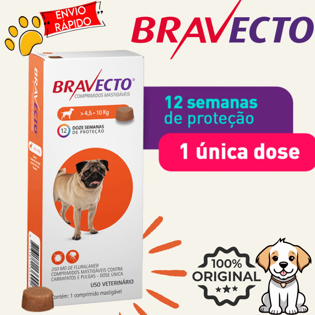 Antipulgas e Carrapatos Bravecto 4,5 a 10 kg para Cães 250mg 1 comprimido