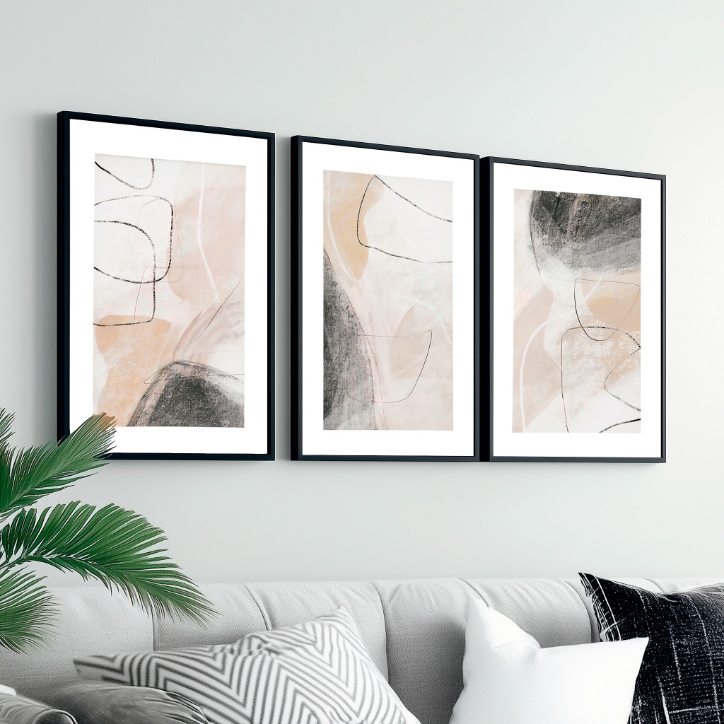 Trio Quadros Decorativos Moldura 50X70 cm Tons Terrosos Grande Sala — imagem 2 de 2